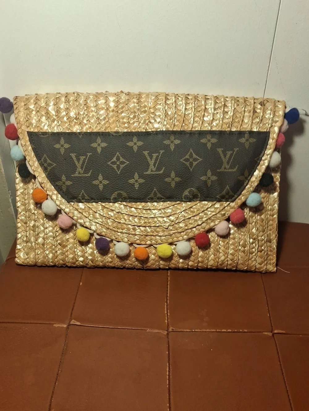 Upcycle Louis Vuitton Straw Clutch with Monogram Panel and Colorful Pom-Poms